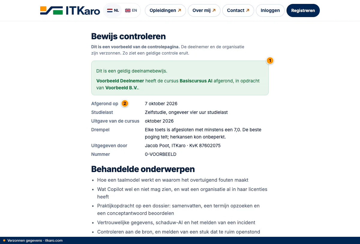 De openbare controlepagina van een deelnamebewijs: geldig, met naam, cursus en datum van afronding.