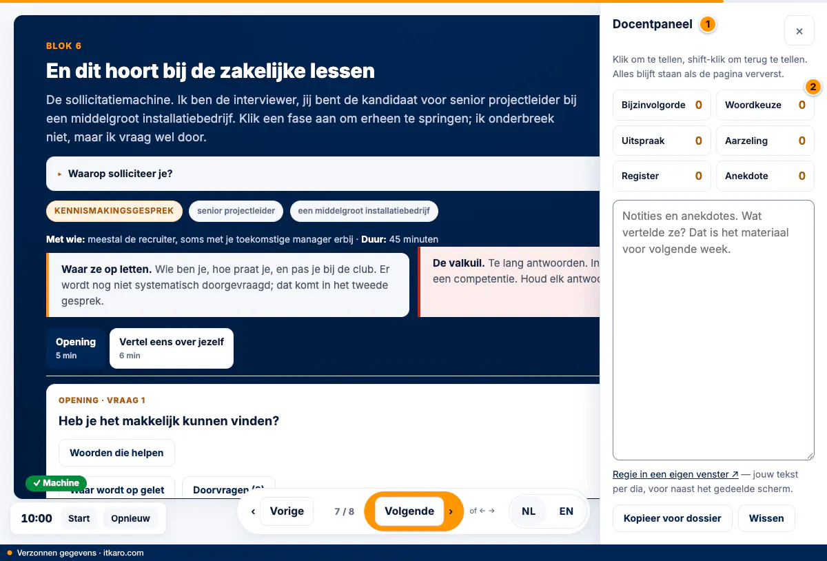 The same lesson for the teacher, with the teacher panel open: counters per kind of mistake and a notes field.