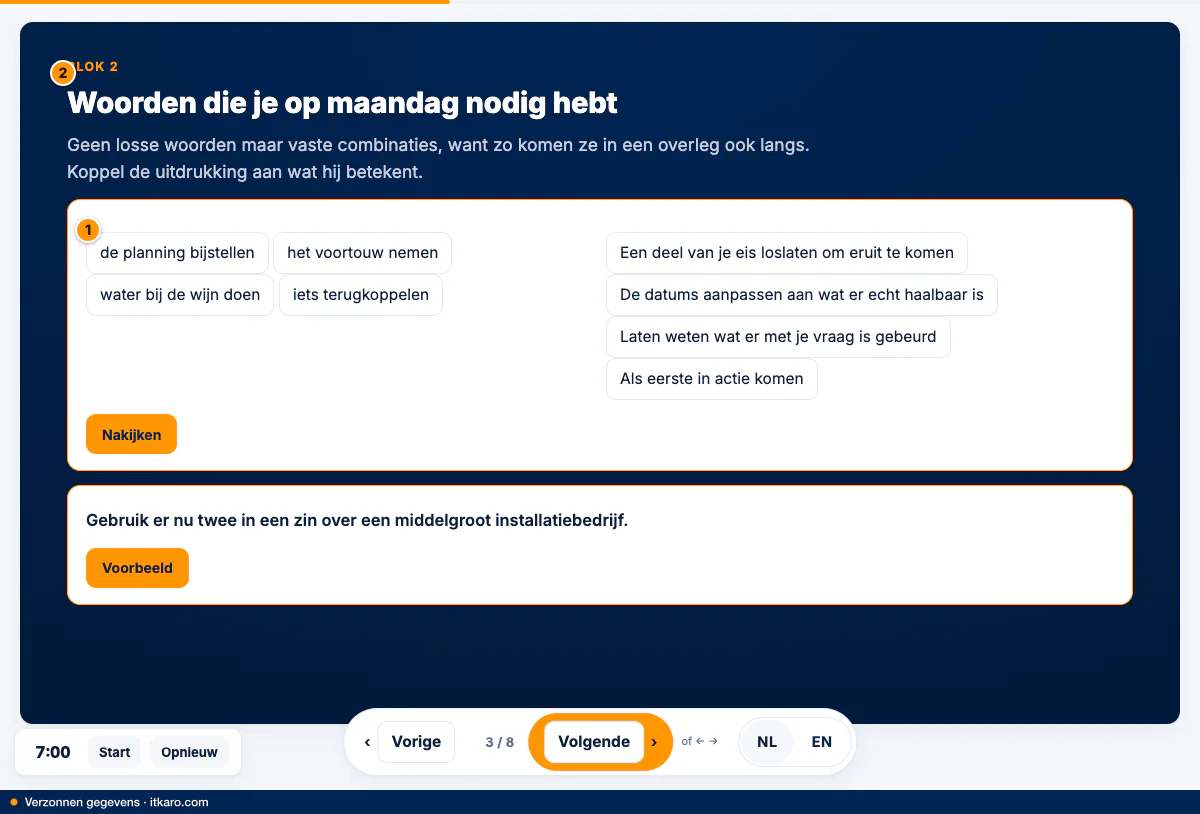 A slide from the example lesson: matching expressions to their meaning, with a button to check.
