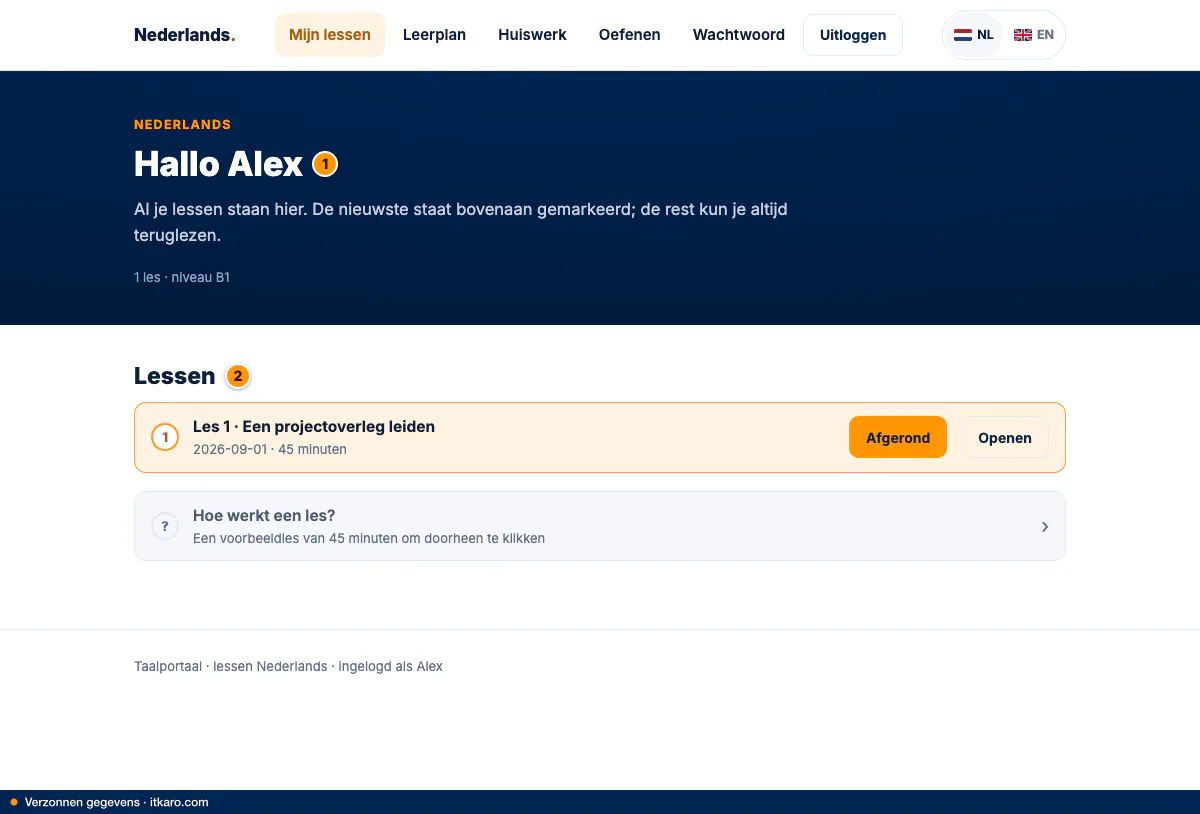 The example student's own page: the lessons, with what is already done.